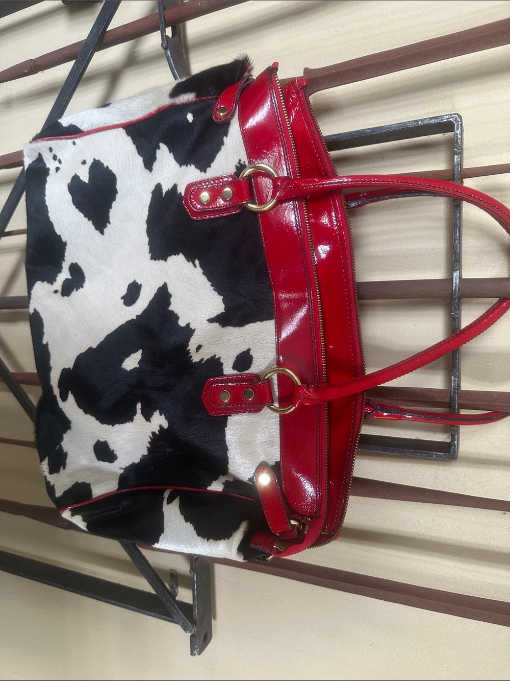 Cow-Print Tote with Red Patent Trim